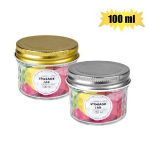 Storage-jar gls emboss w/mtl- lid 100ml