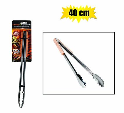 Bbq tongs s/s 40cm wooden handle h&l